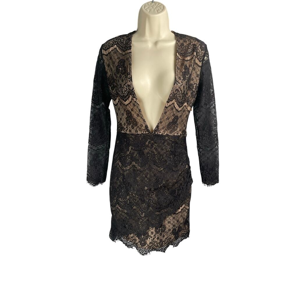 Charlotte Russe Dress Small Nude with Black Lace Plunging V-neck Mini Y2K